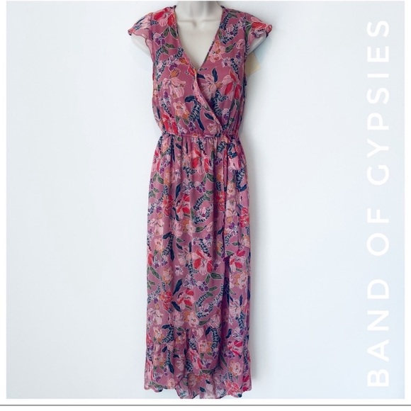 New! BAND OF GYPSIES midi floral midi dress Nwt floral faux wrap vneck - Picture 1 of 11
